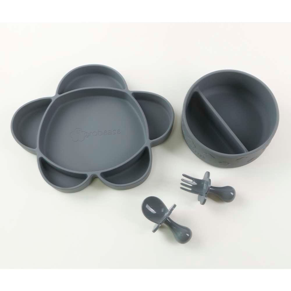 Coffret repas 4 pièces en silicone avec ventouse GRIS Grabease
