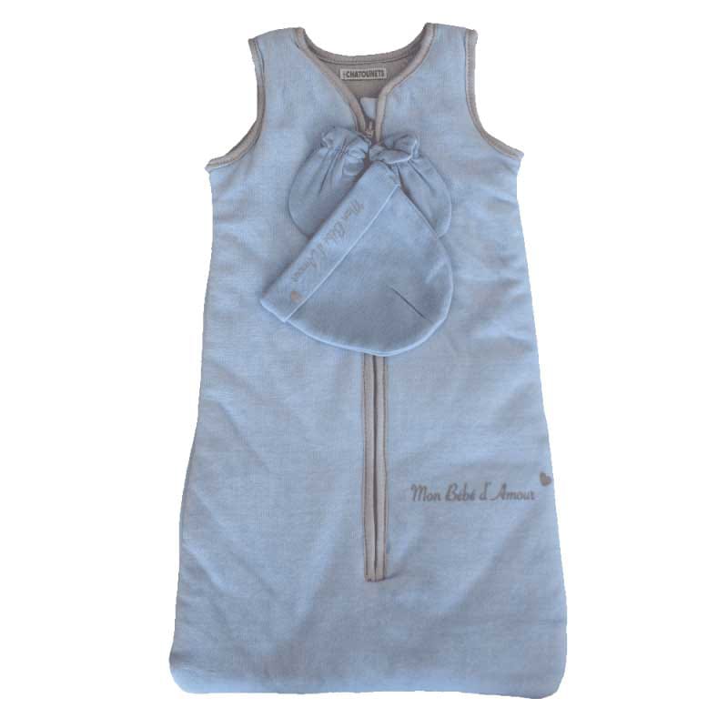 Gigoteuse avec moufles et bonnet BLEU Les Chatounets