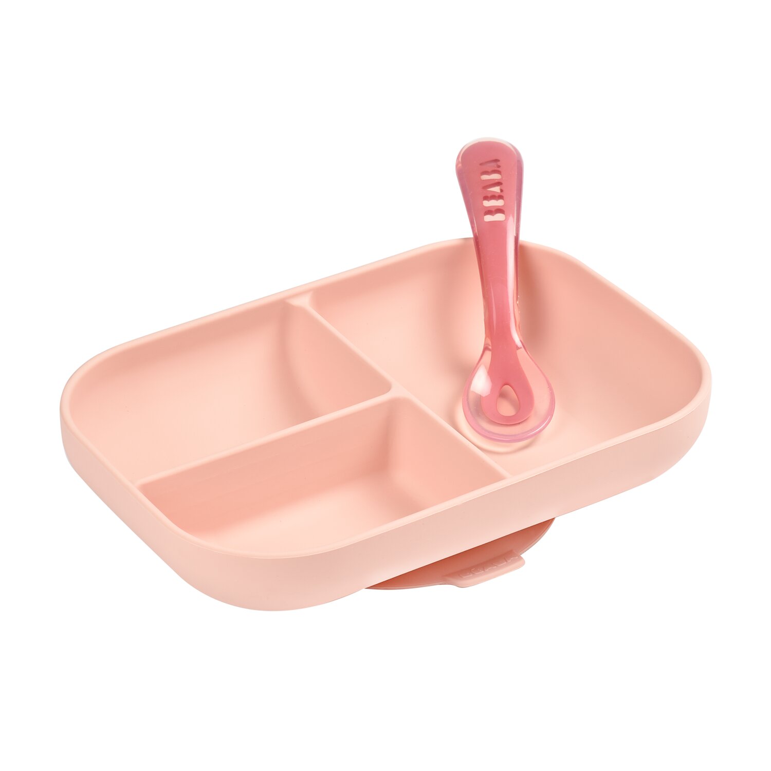 Set repas Silicone - Assiette compartimentée et cuillère 2ème âge Rose