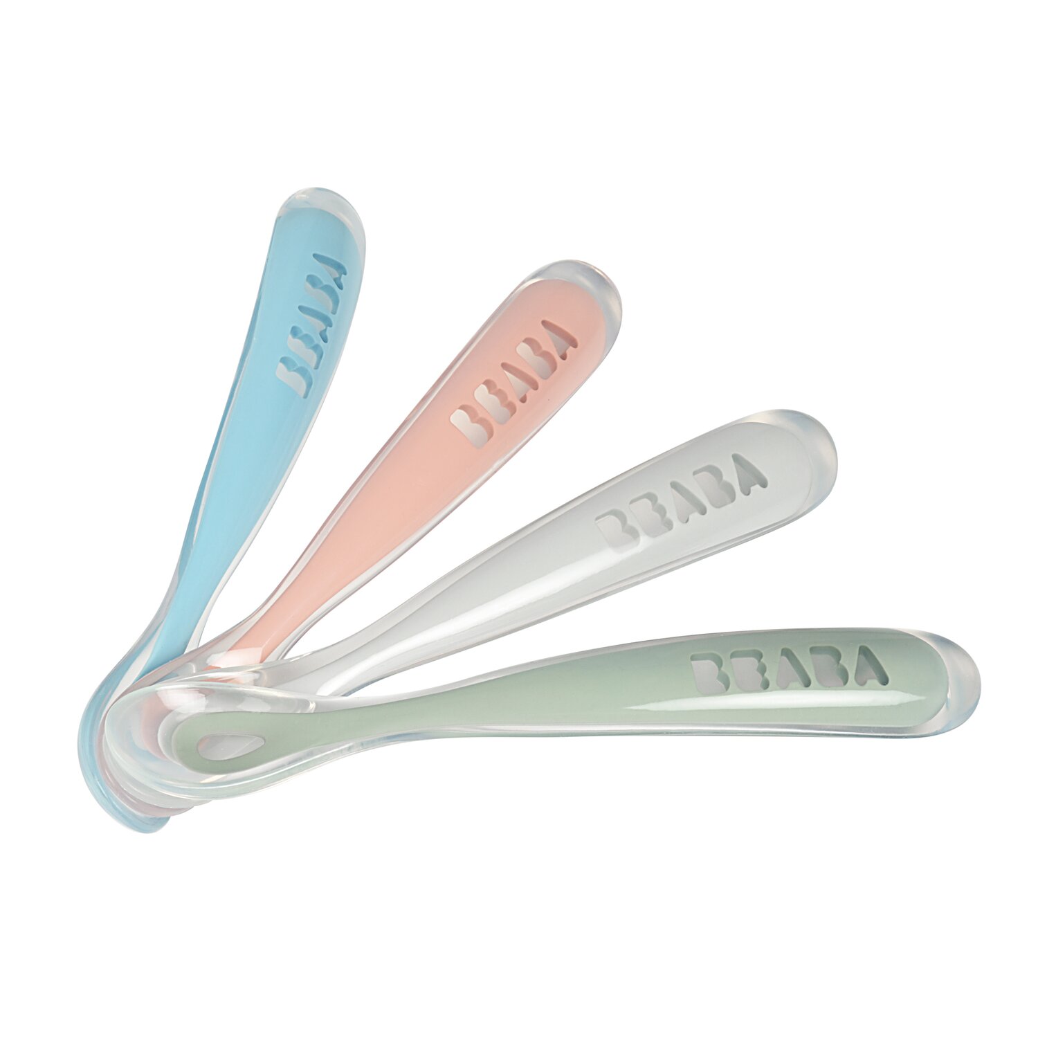 Lot de 4 cuillères 1er âge silicone Eucalyptus/Bleu/Rose/Gris