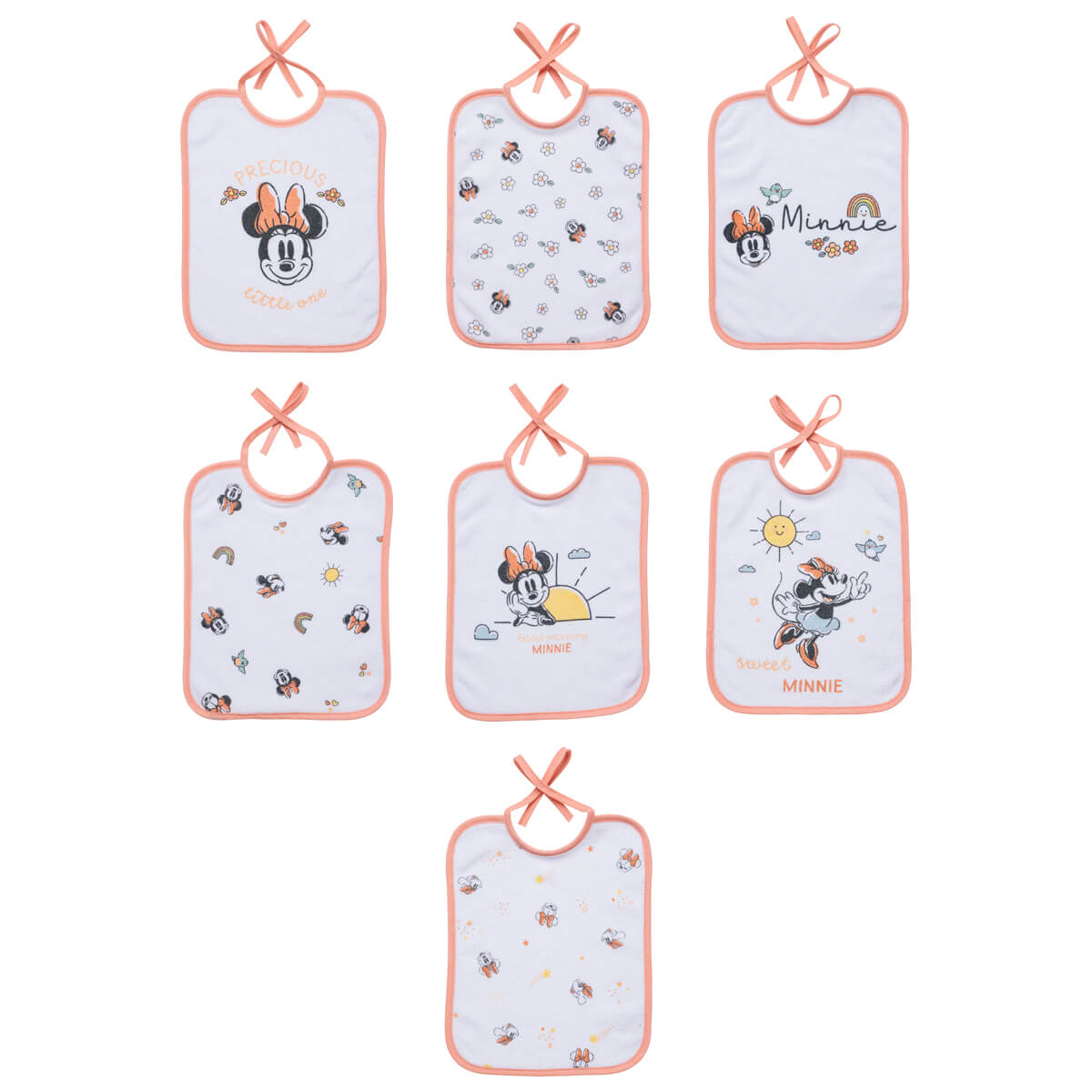Lot de 7 bavoirs bébé Naissance 20x25 cm en Coton Minnie Good Morning