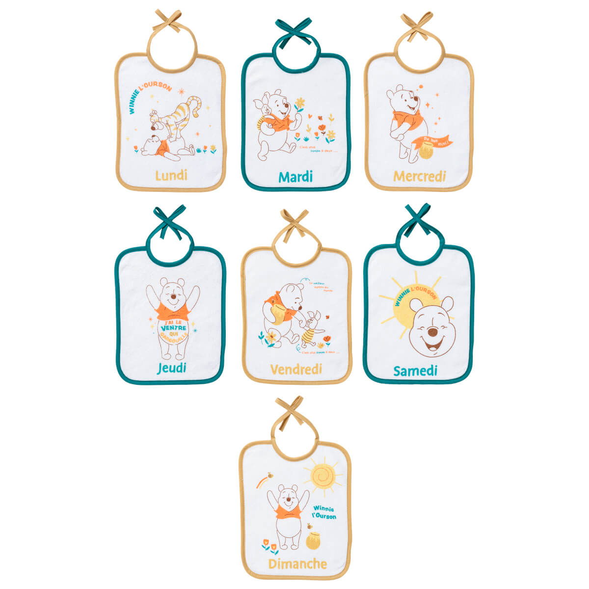 Lot de 7 bavoirs naissance journaliers 20x25 cm - Winnie Retro