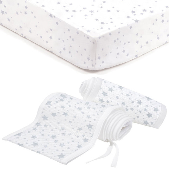Pack Tour de lit respirant 2 côtés + 2 draps assortis Etoiles grises