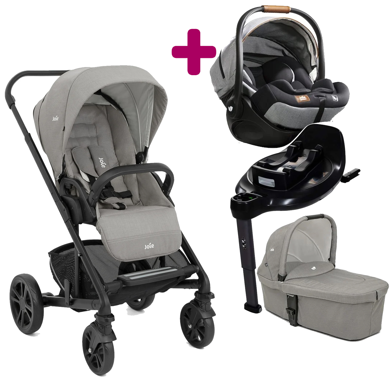 Pack poussette trio Chrome Pebble + coque I-Level Recline Carbon + nacelle Pebble + base pivotante encore  Joie