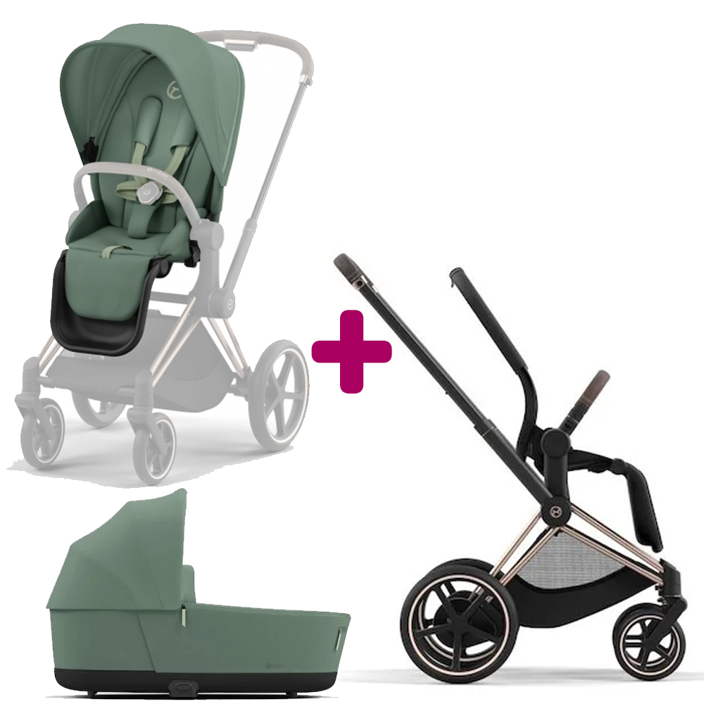 Pack poussette duo Epriam Chassis rosegold + siège Leaf Green + nacelle Leaf Green  Cybex
