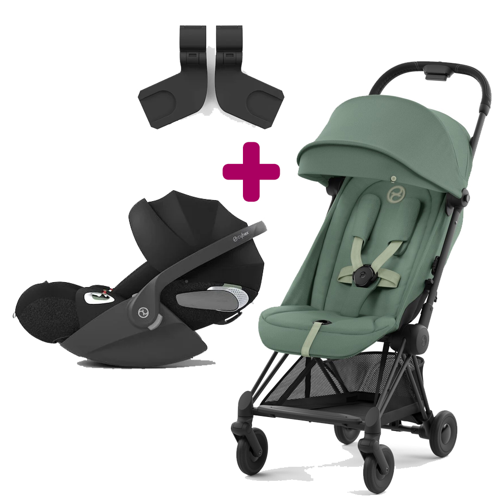Pack poussette duo Coya Leaf Green + coque Cloud T i-size Sepia Black + adaptateurs coque  Cybex