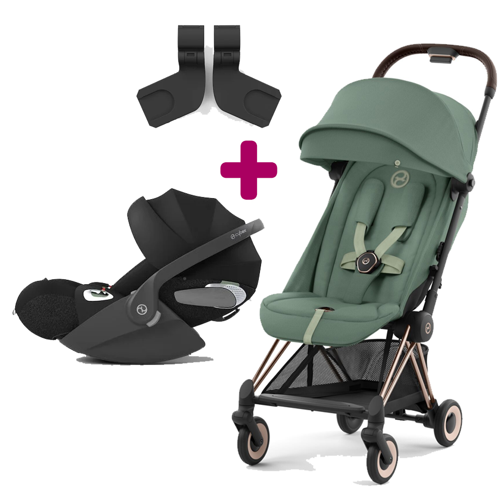 Pack poussette duo Coya Leaf Green + coque Cloud T i-size Sepia Black + adaptateurs coque  Cybex