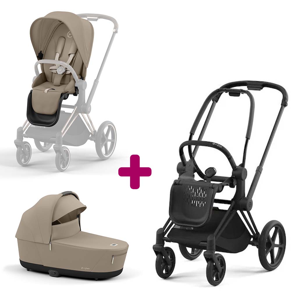 Pack Poussette Chassis Priam matt black + Siege Priam Cozy Beige + Nacelle Luxe Cozy Beige  Cybex