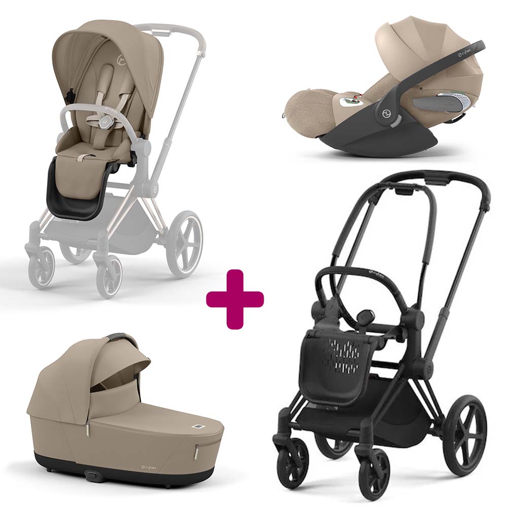 Pack Poussette Chassis Priam matt black + Siege Priam Cozy Beige + Coque Auto Cloud T-i-size Tissu plus Cozy Beige + Nacelle Luxe Cozy Beige  Cybex