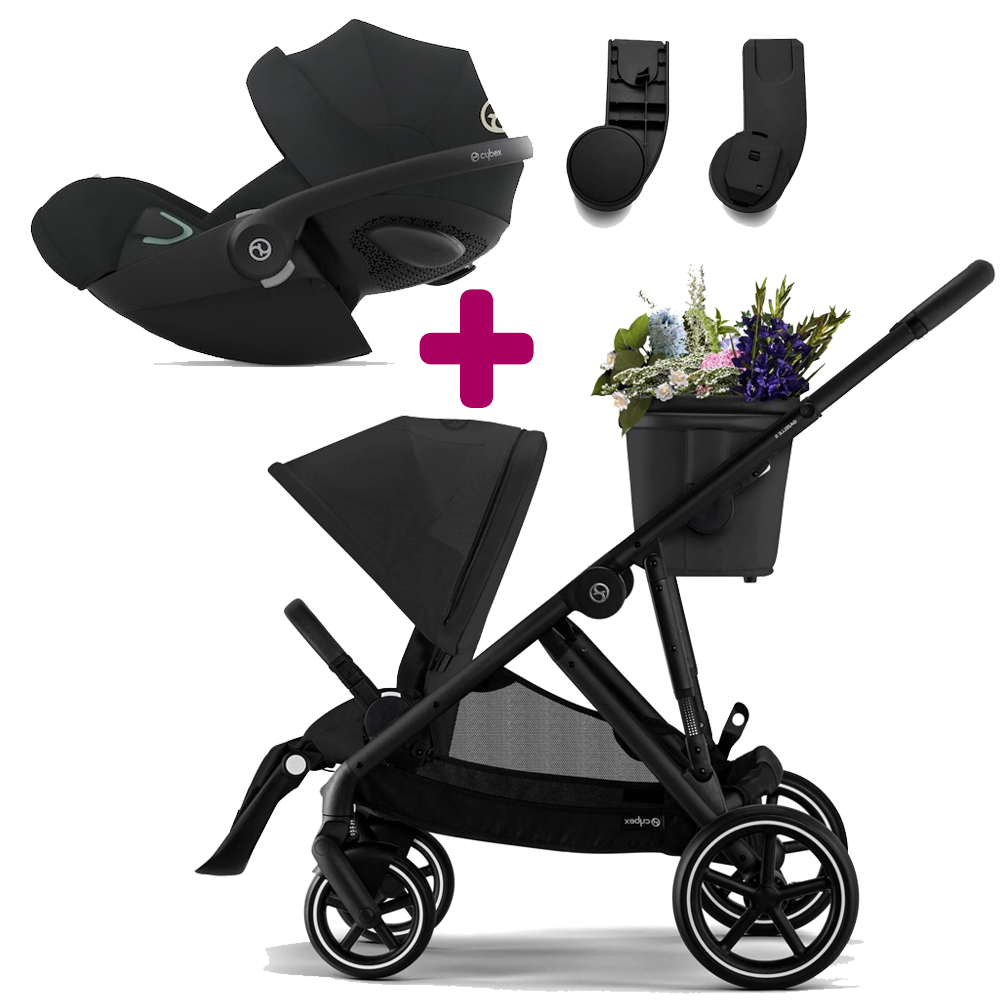 Pack Poussette Duo Gazelle S 2023 Noir Moon Black + adaptateurs + Coque Cloud G i-Size Tissu Plus Moon Black  Cybex