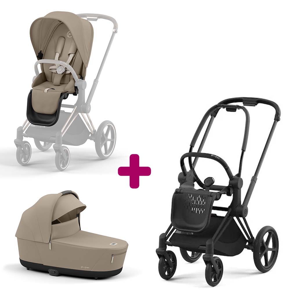 Pack Duo Châssis poussette Priam matt black 2022 + Siège Cozy Beige + Nacelle Luxe Priam Cozy Beige  Cybex