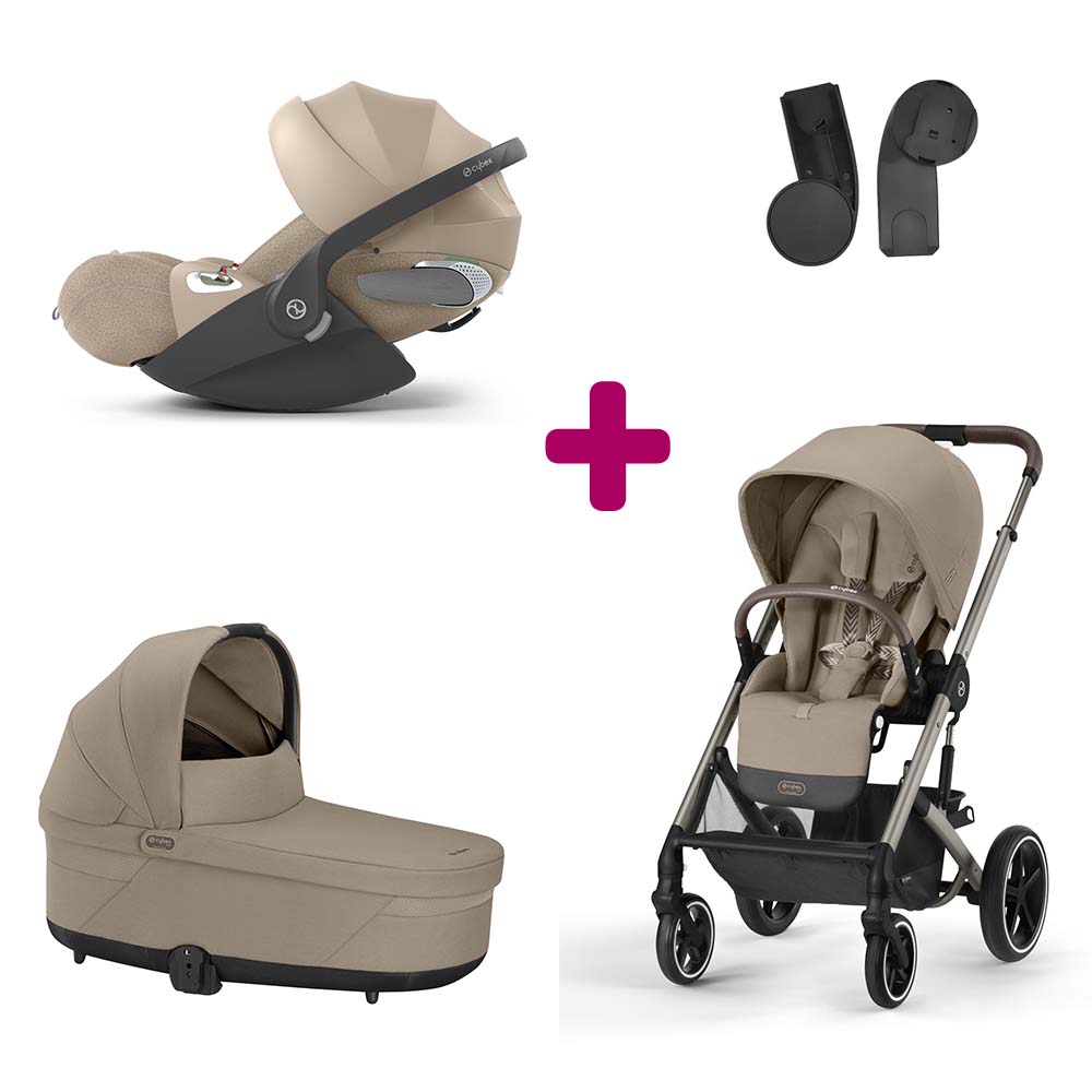 Pack Trio Poussette Balios Châssis Taupe et Siège Almond Beige  + Nacelle Cot S Lux Almond Beige + adaptateurs coque + coque Cloud T i-size tissus plus Cozy beige  Cybex