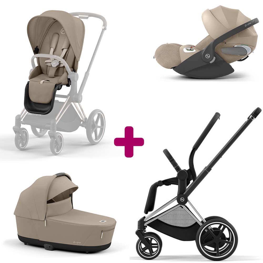 Pack Trio Châssis poussette ePriam chrome black 2022 + siège Cozy Beige + coque Coque T i-size Cozy Beige + Nacelle luxe Cozy Beige  Cybex