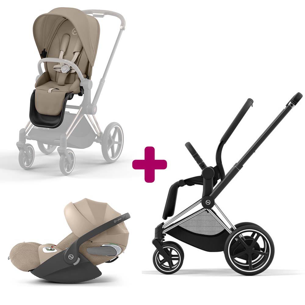 Pack Duo Châssis poussette ePriam chrome black 2022 + siège Cozy Beige + coque Cloud T i-size Cozy Beige  Cybex
