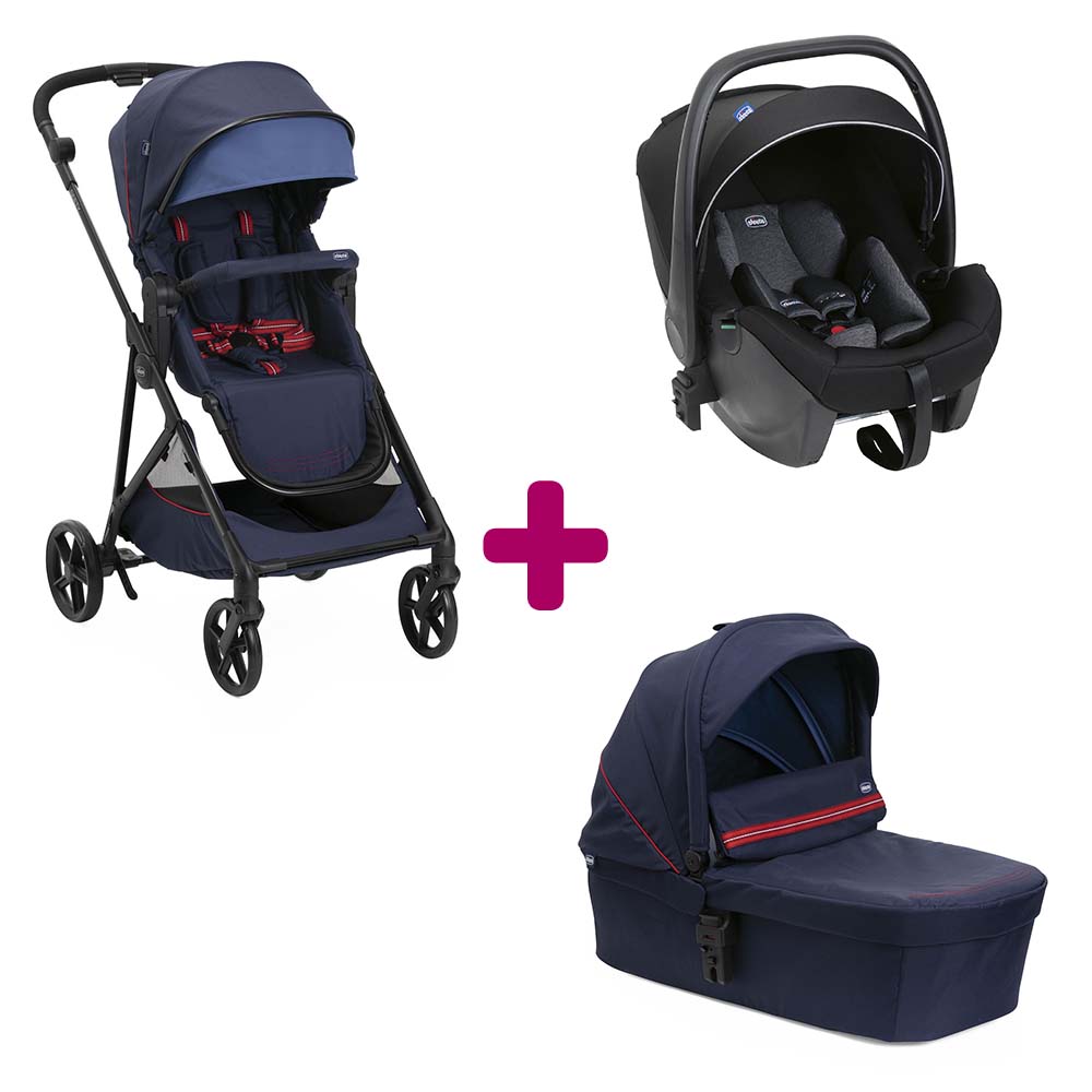Pack poussette trio Seety Oxford blue + coque Kory plus air black + nacelle oxford blue  Chicco