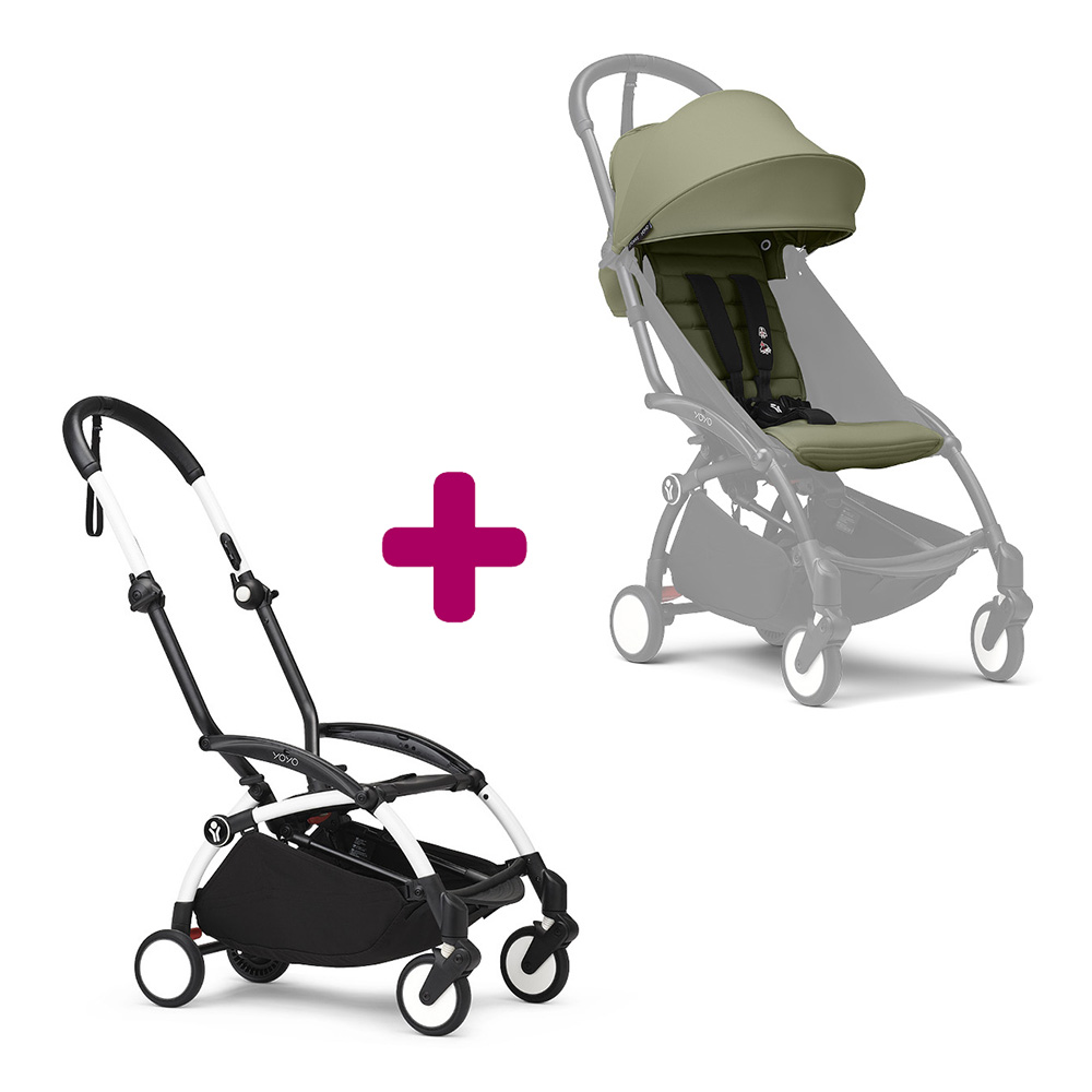 Pack chassis poussette YOYO³ Blanc + pack 6+ YOYO³ Olive  Stokke