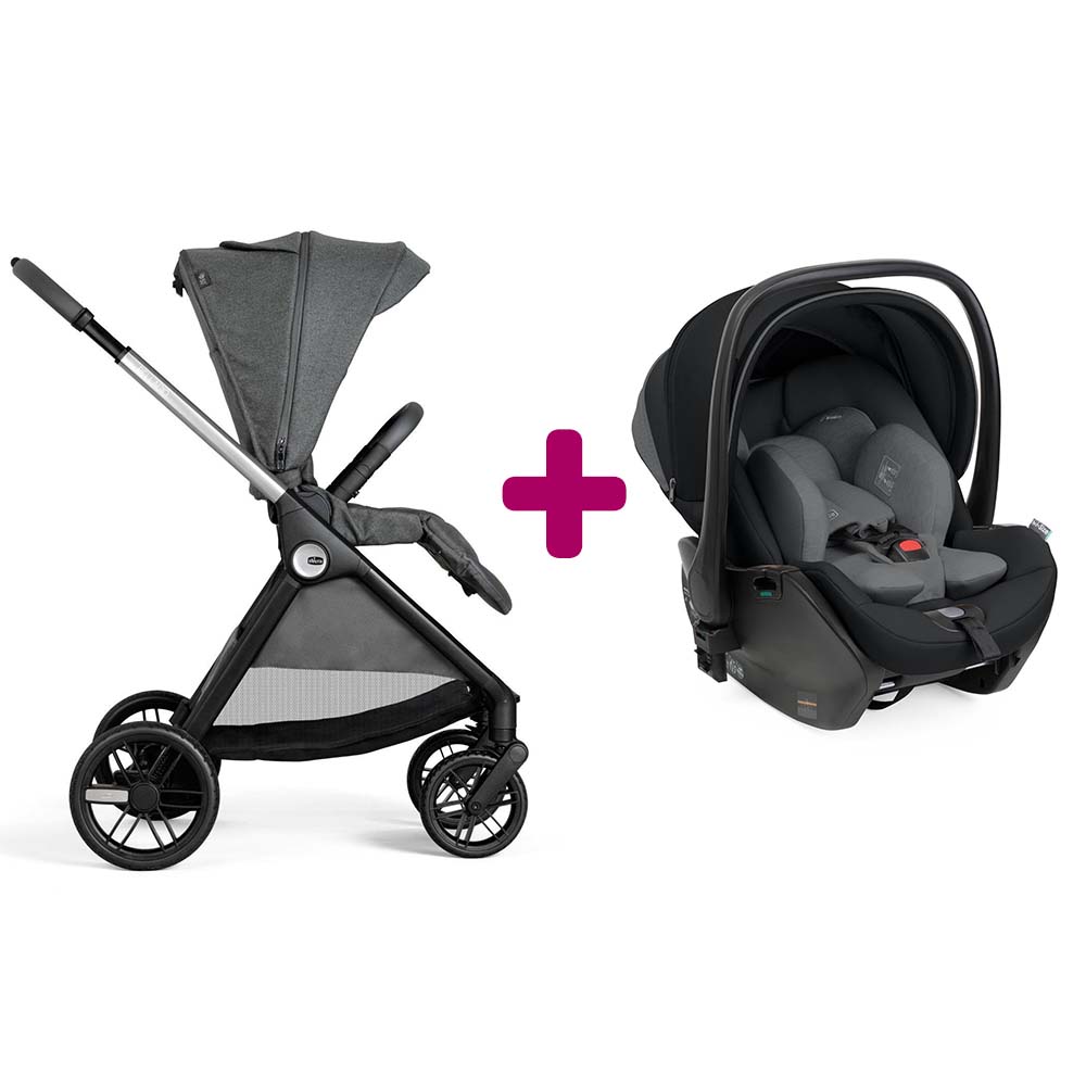 Pack poussette duo Bellagio black satin + coque First Seat Recline i-size black satin  Chicco