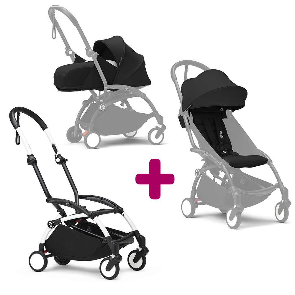 Pack Poussette duo chassis YOYO³ Blanc + pack 6+ YOYO³ Noir + pack nouveau-né YOYO³ Noir  Stokke