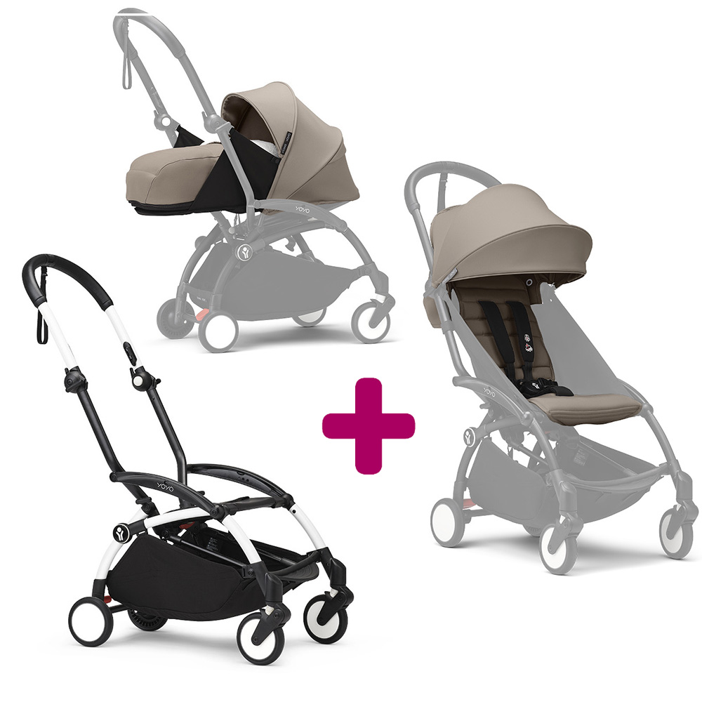 Pack Poussette duo chassis YOYO³ Blanc + pack 6+ YOYO³ Taupe + pack nouveau-né YOYO³ Taupe  Stokke