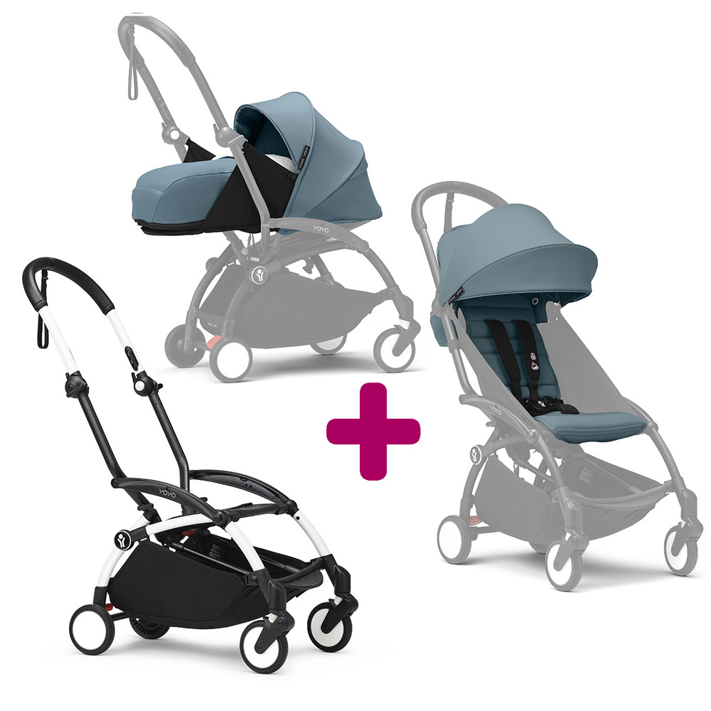 Pack Poussette duo chassis YOYO³ Blanc + pack 6+ YOYO³ Aqua + pack nouveau-né YOYO³ Aqua  Stokke