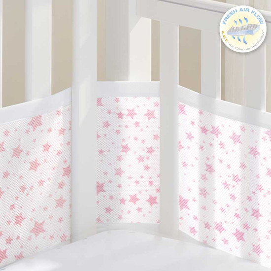 Tour de lit respirant 4 côtés Etoiles roses