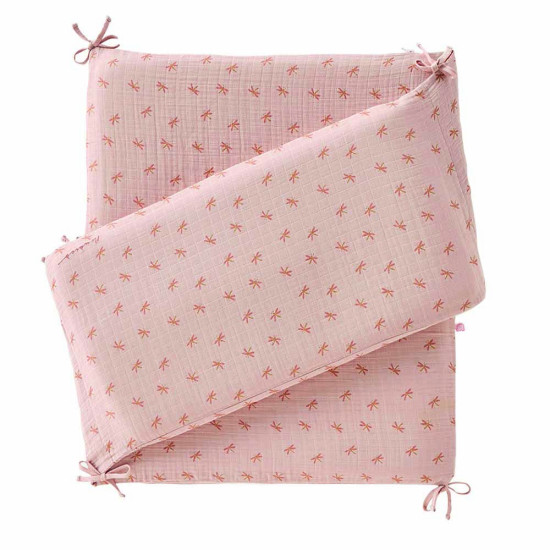 Tour de lit respirant gaze de coton rose libellules