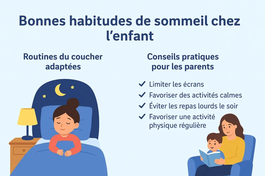 Illustration sur les bonnes habitudes de sommeil, une maman et son enfant