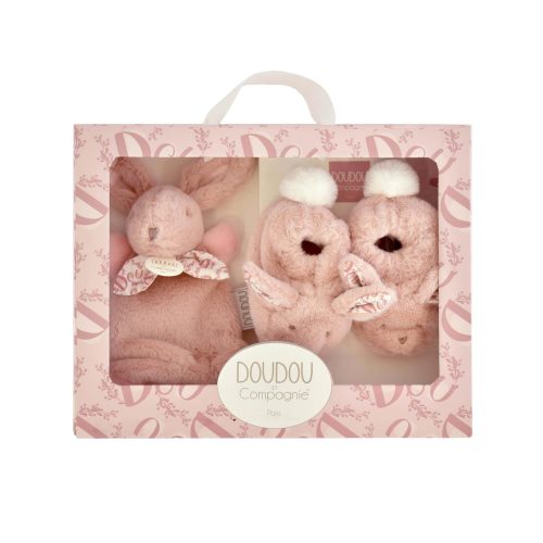 Coffret chaussons et doudou lapin ROSE Doudou & Compagnie