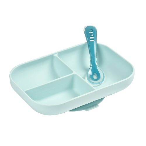 Set repas Silicone - Assiette compartimentée et cuillère 2ème âge Bleu