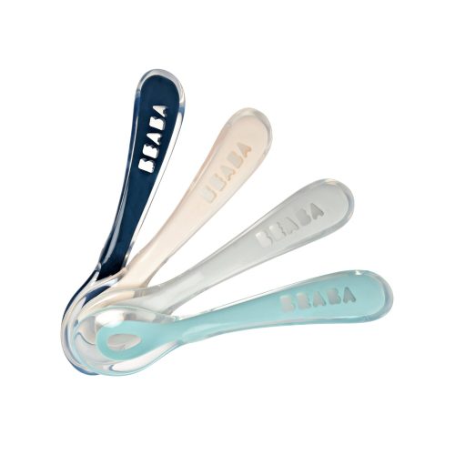 Lot 4 cuillères 2ème âge silicone Bleu/Rose/Gris