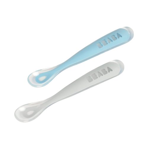 Lot 2 cuillères 1er âge silicone avec boite de transport Bleu/Gris