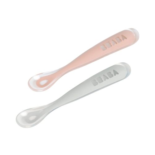 Lot 2 cuillères 1er âge silicone avec boite de transport Rose/Gris