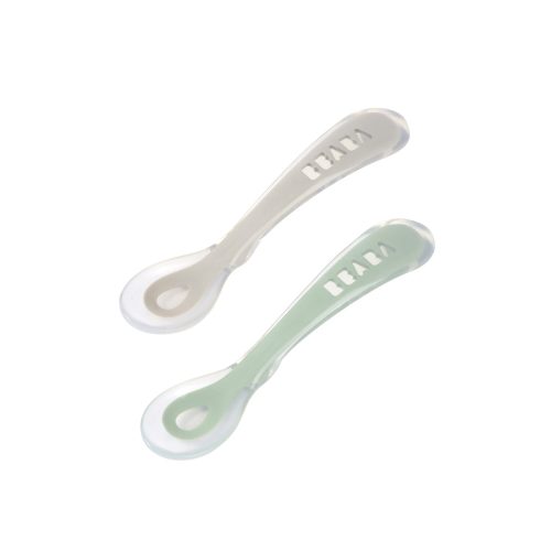 Lot 2 cuillères 2ème âge silicone avec boite de transport Vert sauge/Gris velours