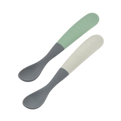Lot 2 cuillères 1er âge silicone bi-ton avec boîte de transport  Gris/Vert sauge
