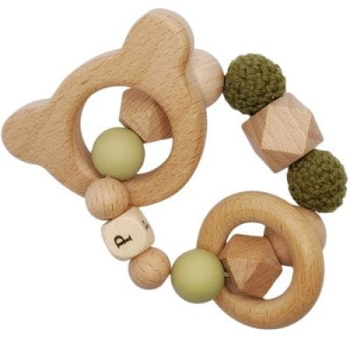 anneau-de-dentition-en-bois-ours-olive-et-kaki-personnalisable