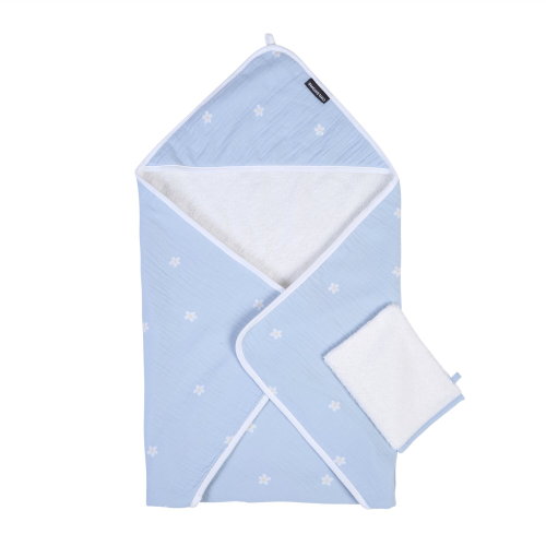 Cape De Bain + Gant - 80x80 Cm - Mousseline Fleur - Bleue