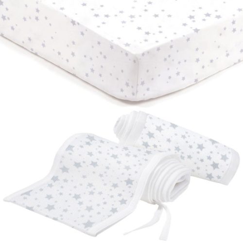 Pack Tour de lit respirant 2 côtés + 2 draps assortis Etoiles grises