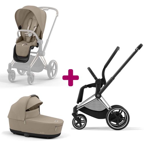 Pack Duo Châssis poussette ePriam chrome black 2022 + siège Cozy Beige + Nacelle Luxe Cozy Beige  Cybex