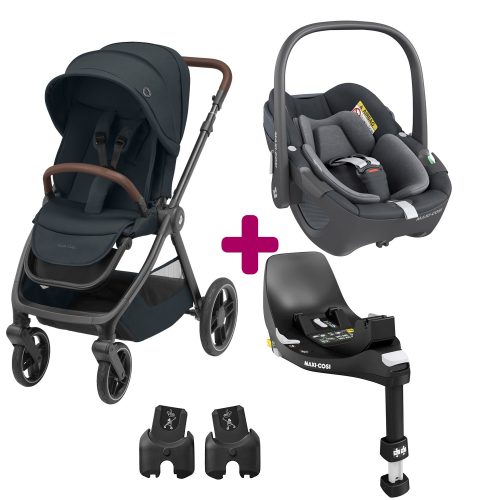 Pack poussette duo Oxford + coque Pebble 360 Essential Graphite + base familyFix 360  Maxi Cosi