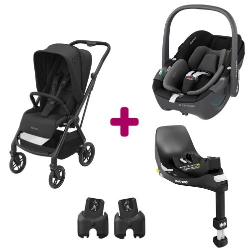 Pack poussette duo Léona 2 + pebble 360 essential Black + base familyfix 360  Maxi Cosi