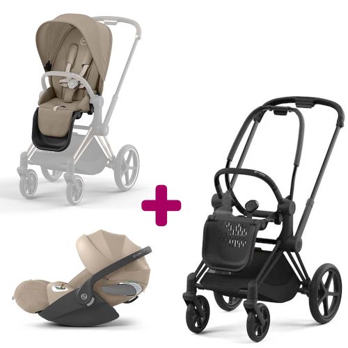 Pack Poussette Chassis Priam matt black + Siege Priam Cozy Beige + Coque Auto Cloud T-i-size Tissu plus Cozy Beige  Cybex