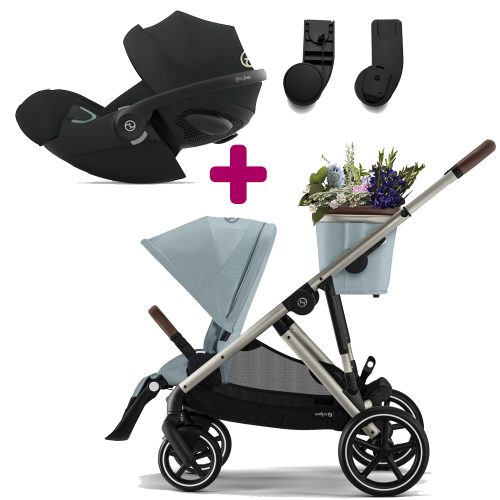 Pack Poussette Duo Gazelle S 2023 Taupe sky blue + adaptateurs + Coque Cloud G i-Size Tissu Plus Moon Black  Cybex