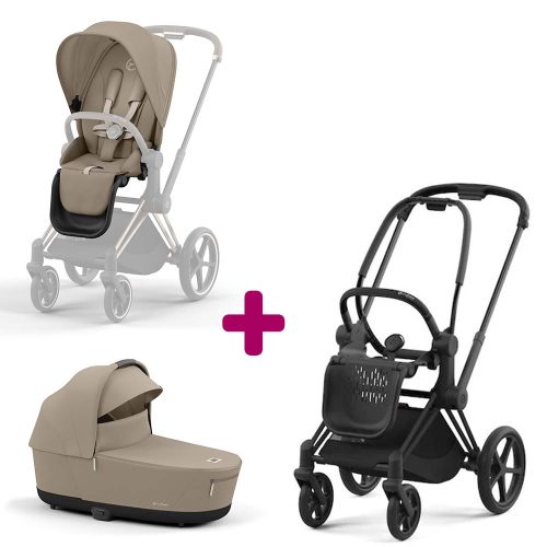 Pack Duo Châssis poussette Priam matt black 2022 + Siège Cozy Beige + Nacelle Luxe Priam Cozy Beige  Cybex