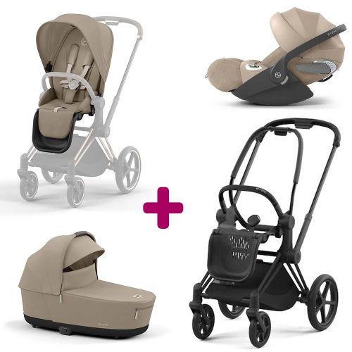 Pack Trio Châssis poussette Priam matt black 2022 + Siège Cozy Beige + Nacelle Luxe Priam Cozy Beige + coque Cloud T i-size Cozy Beige  Cybex