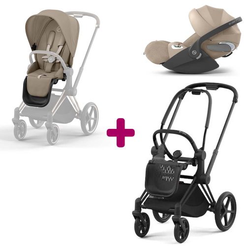 Pack Duo Châssis poussette Priam matt black 2022 + Siège Cozy Beige + coque Coque T i-size Cozy Beige  Cybex