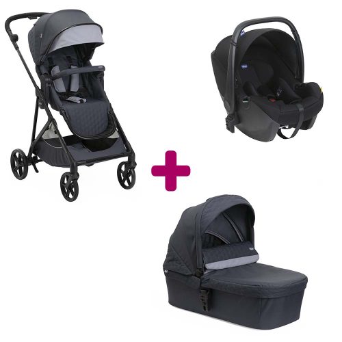 Pack poussette trio Seety Boston grey + coque Kory essential black + nacelle Boston grey  Chicco