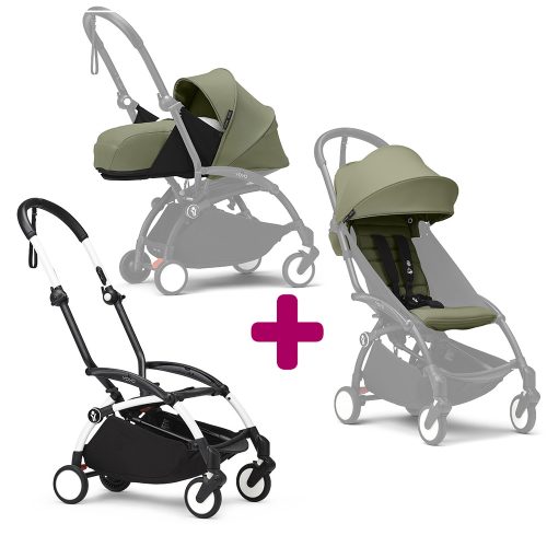 Pack Poussette duo chassis YOYO³ Blanc + pack 6+ YOYO³ Olive + pack nouveau-né YOYO³ Olive  Stokke