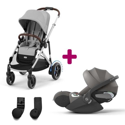 Pack Poussette duo eGazelle Chassis Silver / Siège Stone Grey + adaptateurs + coque Cloud T Mirage Grey  Cybex