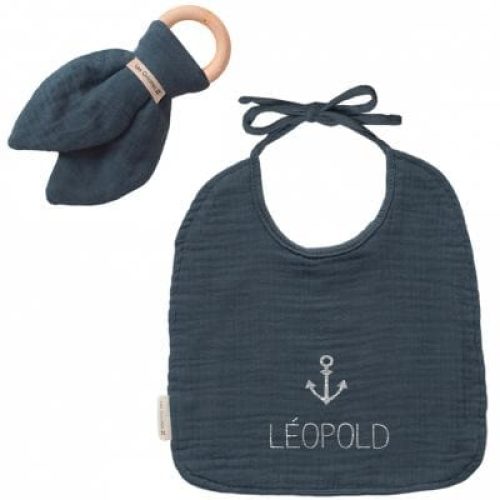 set-de-naissance-bavoir-et-anneau-de-dentition-bleu-petrole-personnalisable