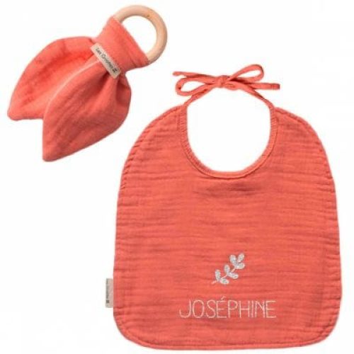 set-de-naissance-bavoir-et-anneau-de-dentition-rose-personnalisable